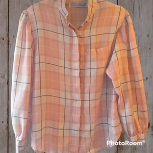 Chaus Vintage Collarless Blush Plaid Button Down Shirt, sz 12